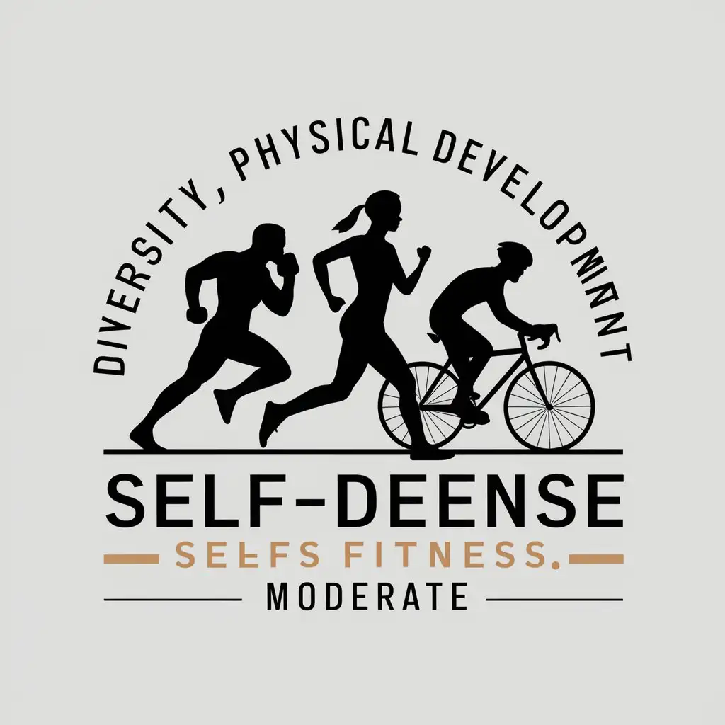 a vector logo design,with the text "Diversity, physical development, self-defense", main symbol:Fighter,runner,bicyclist.,Moderate,be used in Sports Fitness industry,clear background