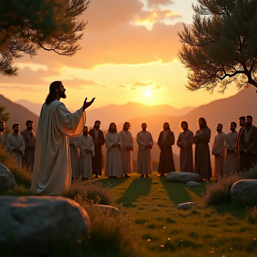 real photography, sunset, hills in the background, close-up of jesus with arms raised speaking to a crowd of disciples, on a lawn with olive trees, large stones, shrubs, grass