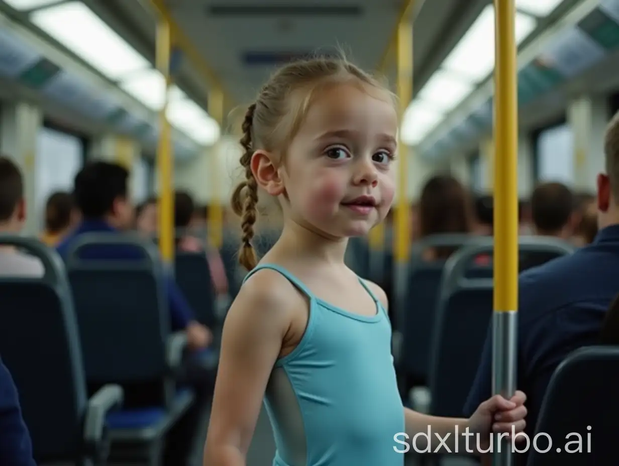 Young-Girl-in-Sheer-Blue-Leotard-on-a-Busy-Train