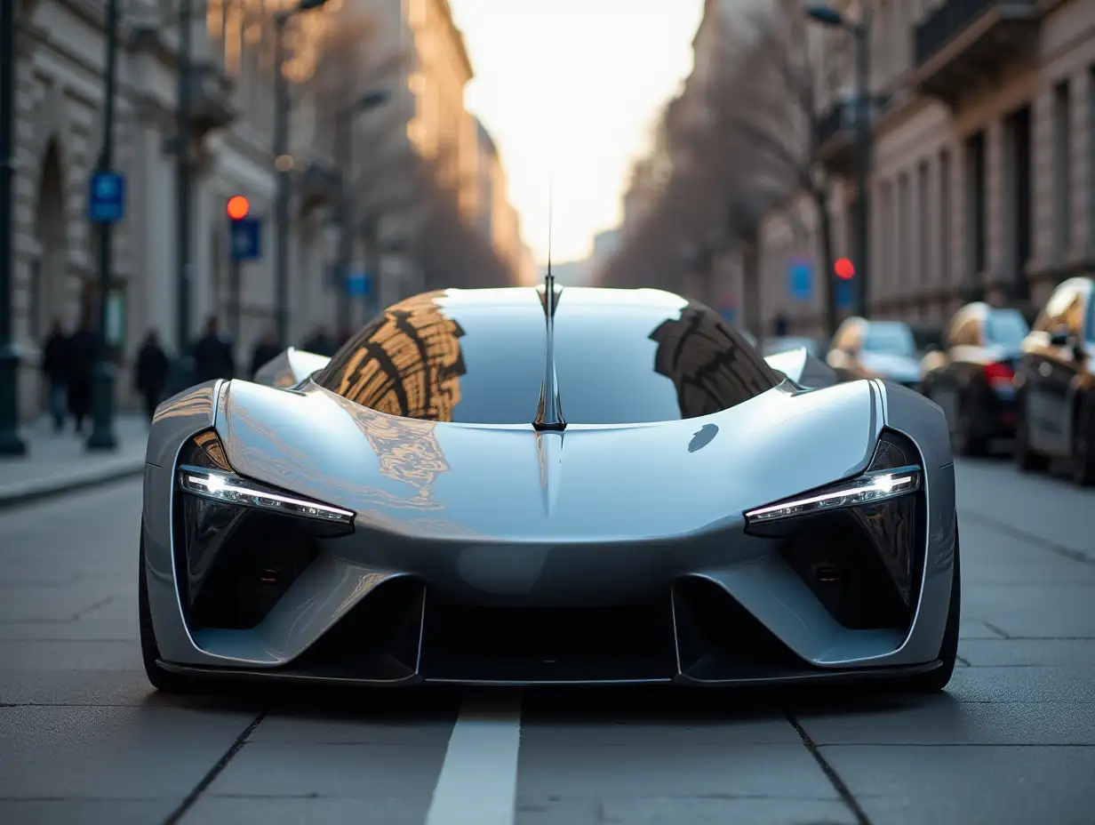 A futuristic car is standing on a city street.