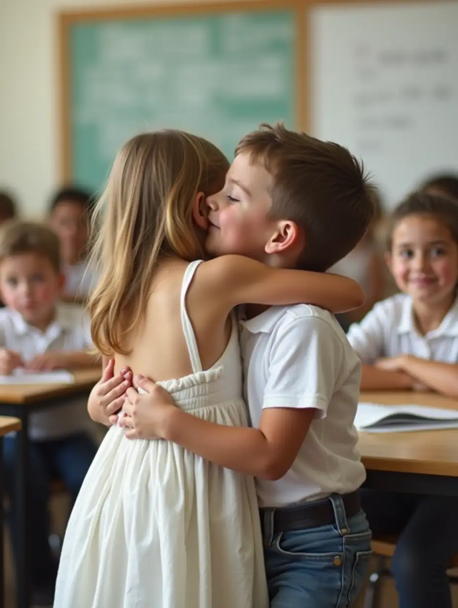 Adorable-Little-Girl-in-White-Sundress-Showing-Affection-to-Boy-in-Classroom