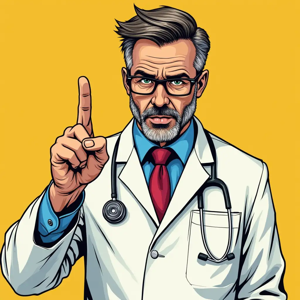 A man doctor points up with one finger in a pop art style