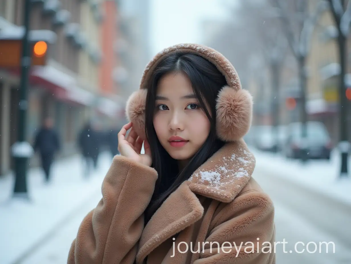 Korean-Woman-in-Fur-Coat-and-Headphones-Posing-in-Snowy-Street