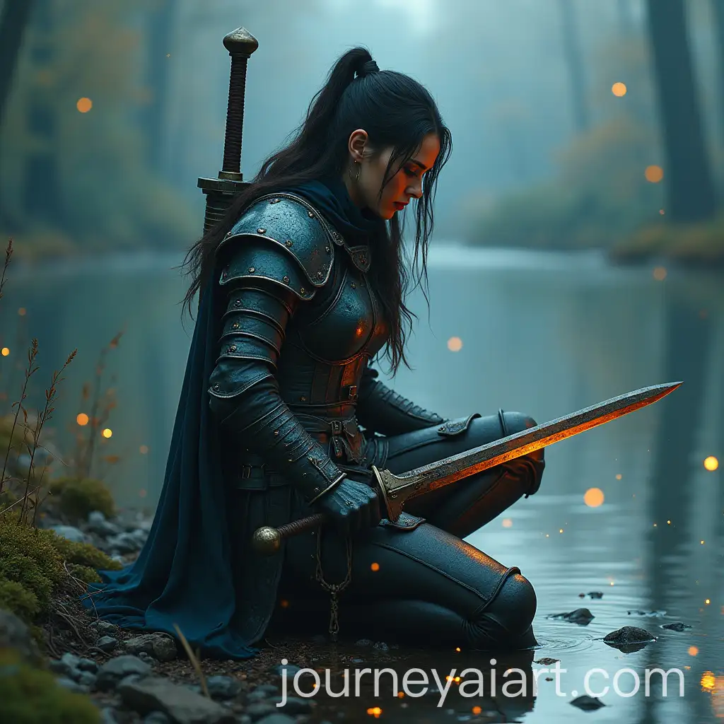 Warrior-Woman-Kneeling-in-Dystopian-Fantasy-Armor-by-Lake-with-Sword-and-Fireflies
