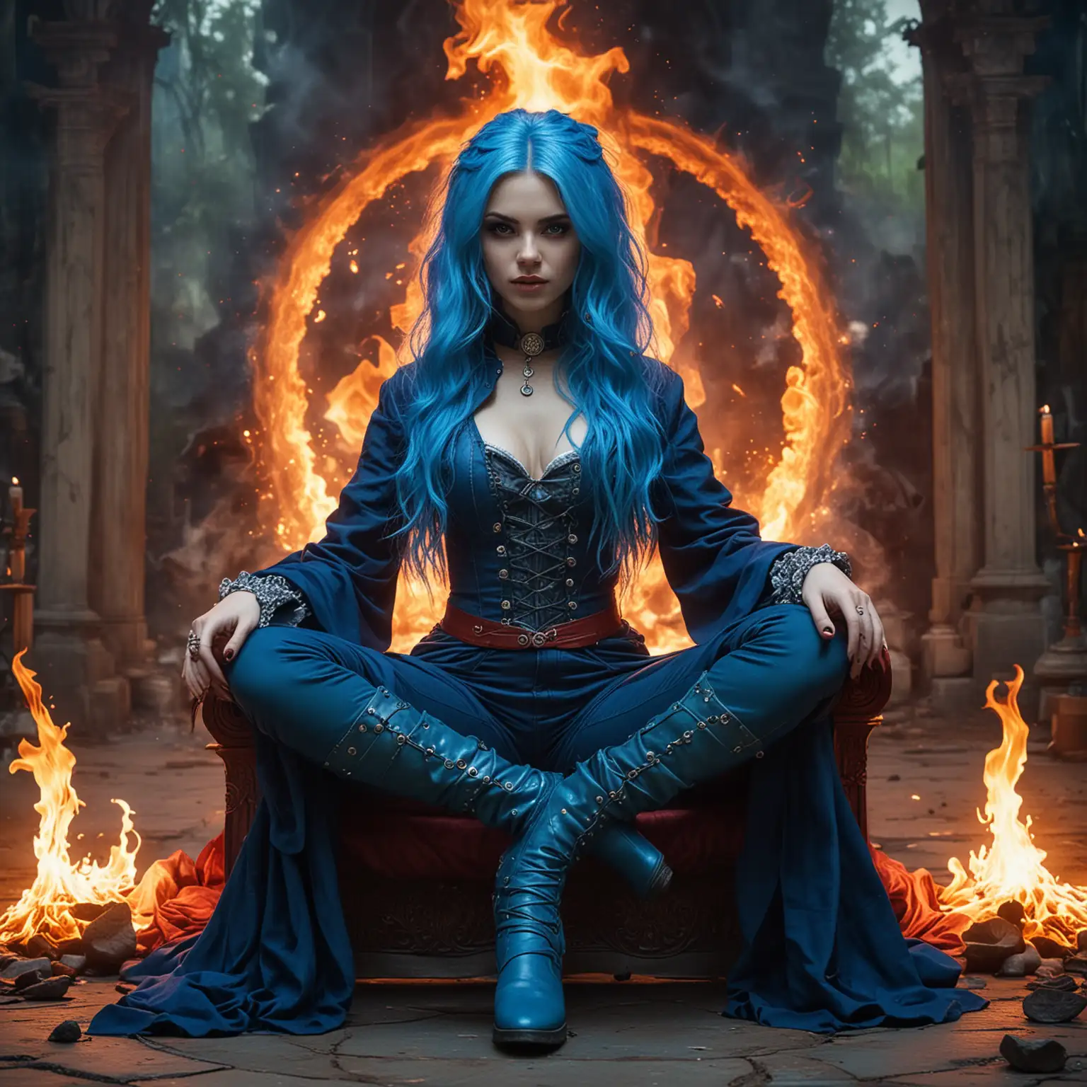 Adolescent Goddess Empresses and Sorceresses in Blue Outfits Surrounded by Fire