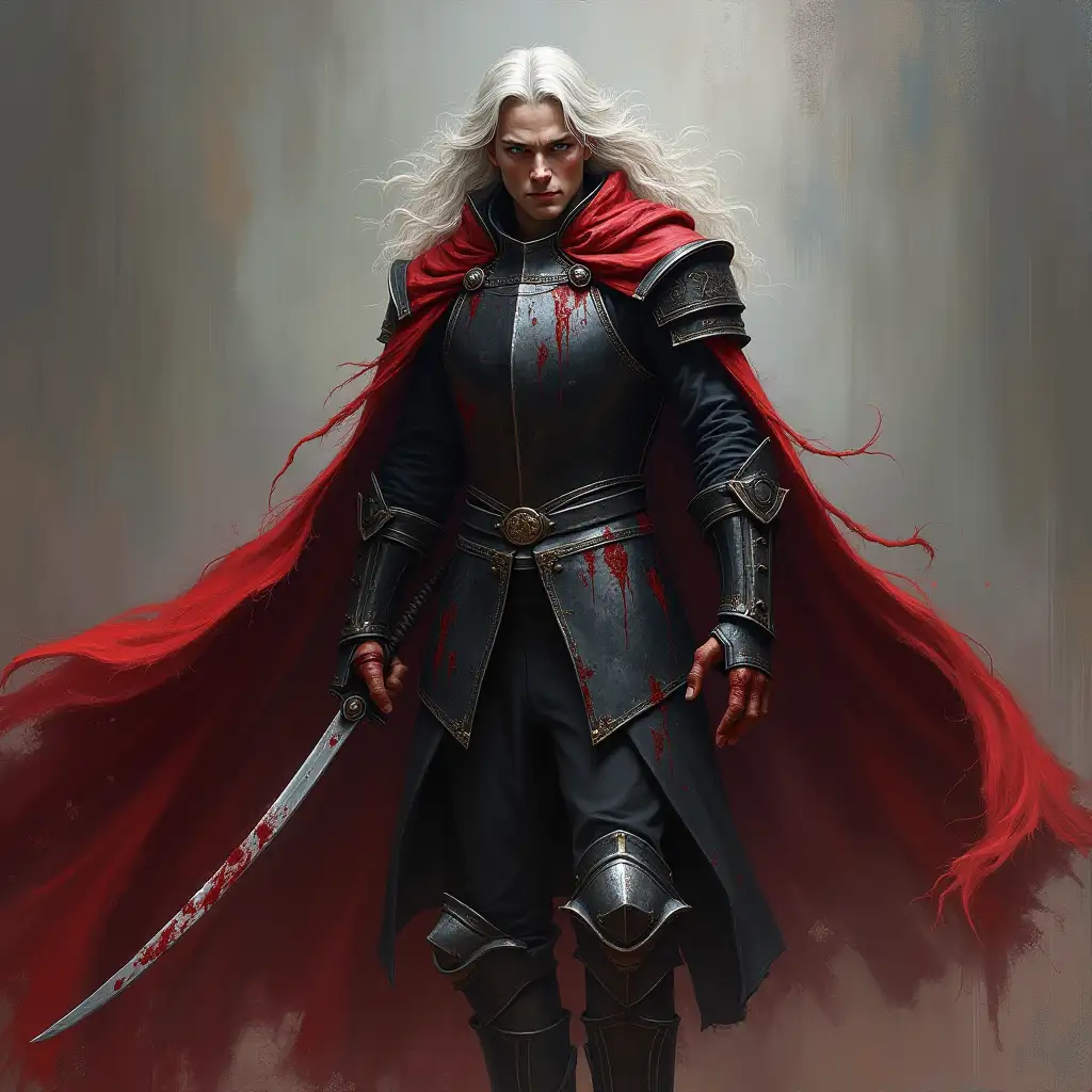 user_prompt: Oil painting, Dark fantasy, male character, full length, knight of blood, ((breastplate)) of black metal, black clothes with bloody splashes, black bloodstained gambeson under the breastplate, ((rolled up sleeves)), ((bare forearms and hands)), dark red cloak, blue eyes, long wavy pale hair, bloody saber, one sword, ((long hair)), cloak fluttering in the wind, (((blood magic))), ((curved)) sword all over with blood, stern face, dynamic pose, medieval gothic, (scars on hands), bare hands, pointed-toe boots, greaves, bloody bandage