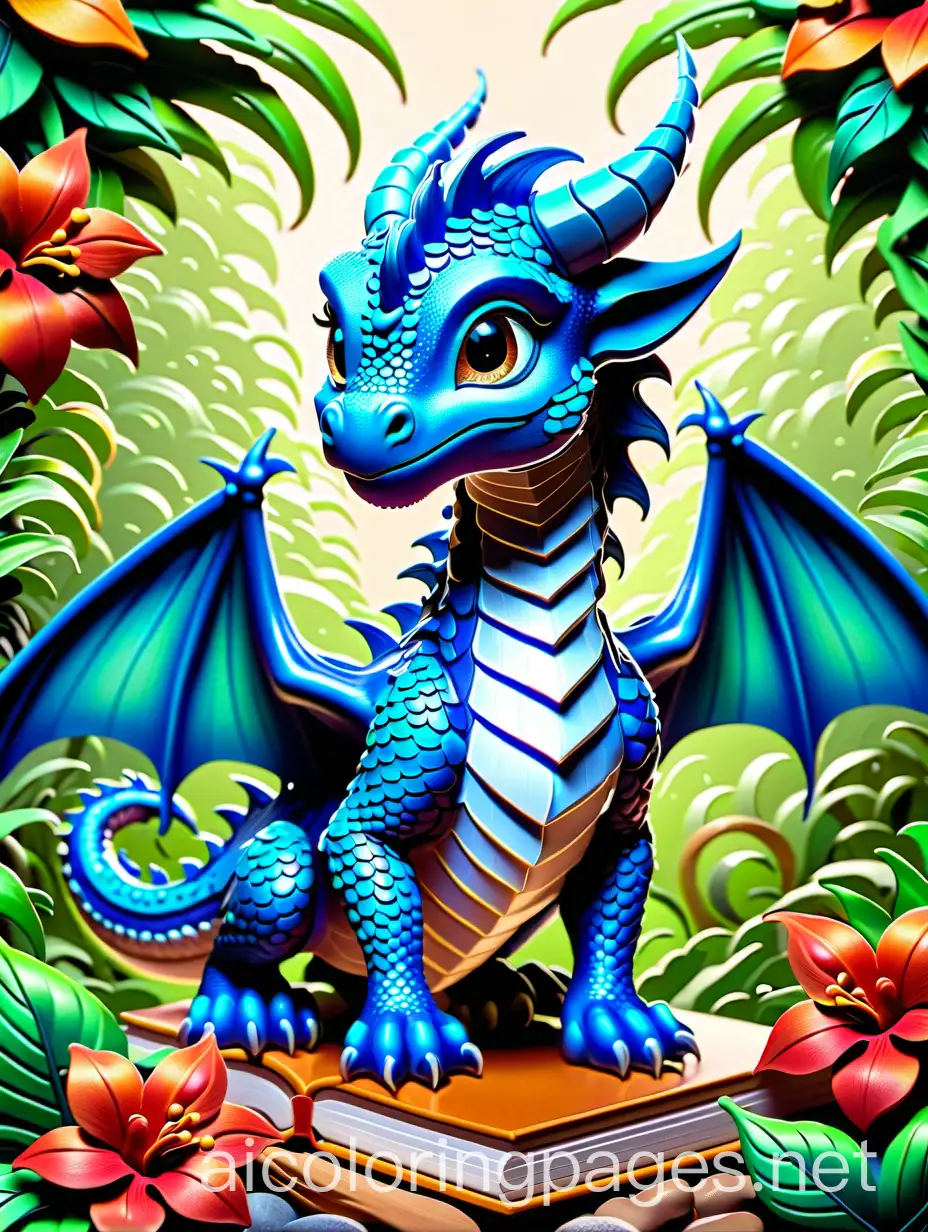 cute baby dragon book cover design for a Coloring Pages book for kids, full colored Mark Brooks and Dan Mumford, comic book art, perfect, smooth in Gouache Style, Watercolor, Museum Epic Impressionist Maximalist Masterpiece, Thick Brush Strokes, Impasto Gouache, thick layers of gouache watercolors textured on Canvas, 8k Resolution, Matte Painting Hyperrealistic, splash art, concept art, mid shot, intricately detailed, color depth, dramatic, 2/3 face angle, side light, colorful background ,, Coloring Page, black and white, line art, white background, Simplicity, Ample White Space. The background of the coloring page is plain white to make it easy for young children to color within the lines. The outlines of all the subjects are easy to distinguish, making it simple for kids to color without too much difficulty