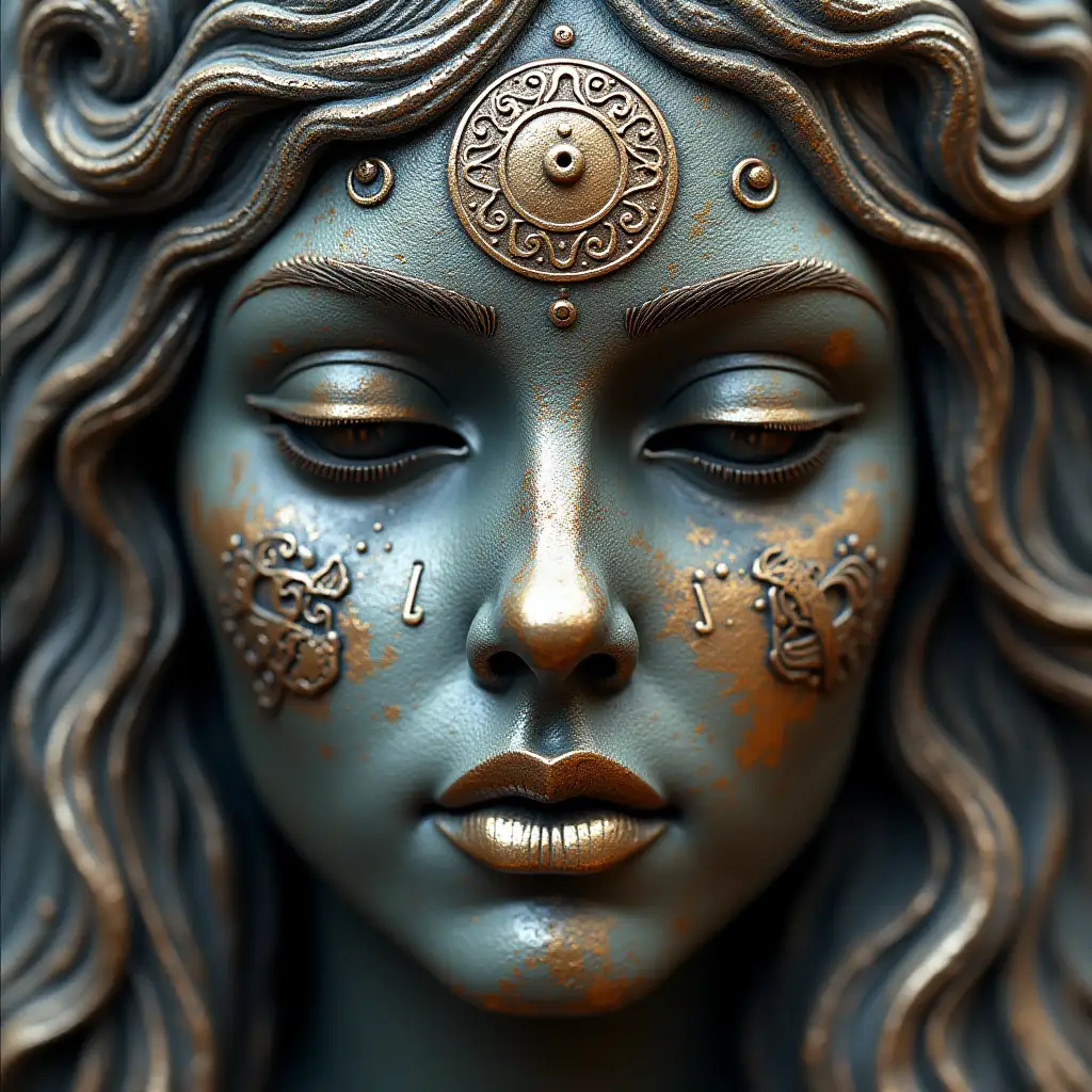 Goddess-Face-in-Metallic-Texture-with-Enigmatic-Symbols