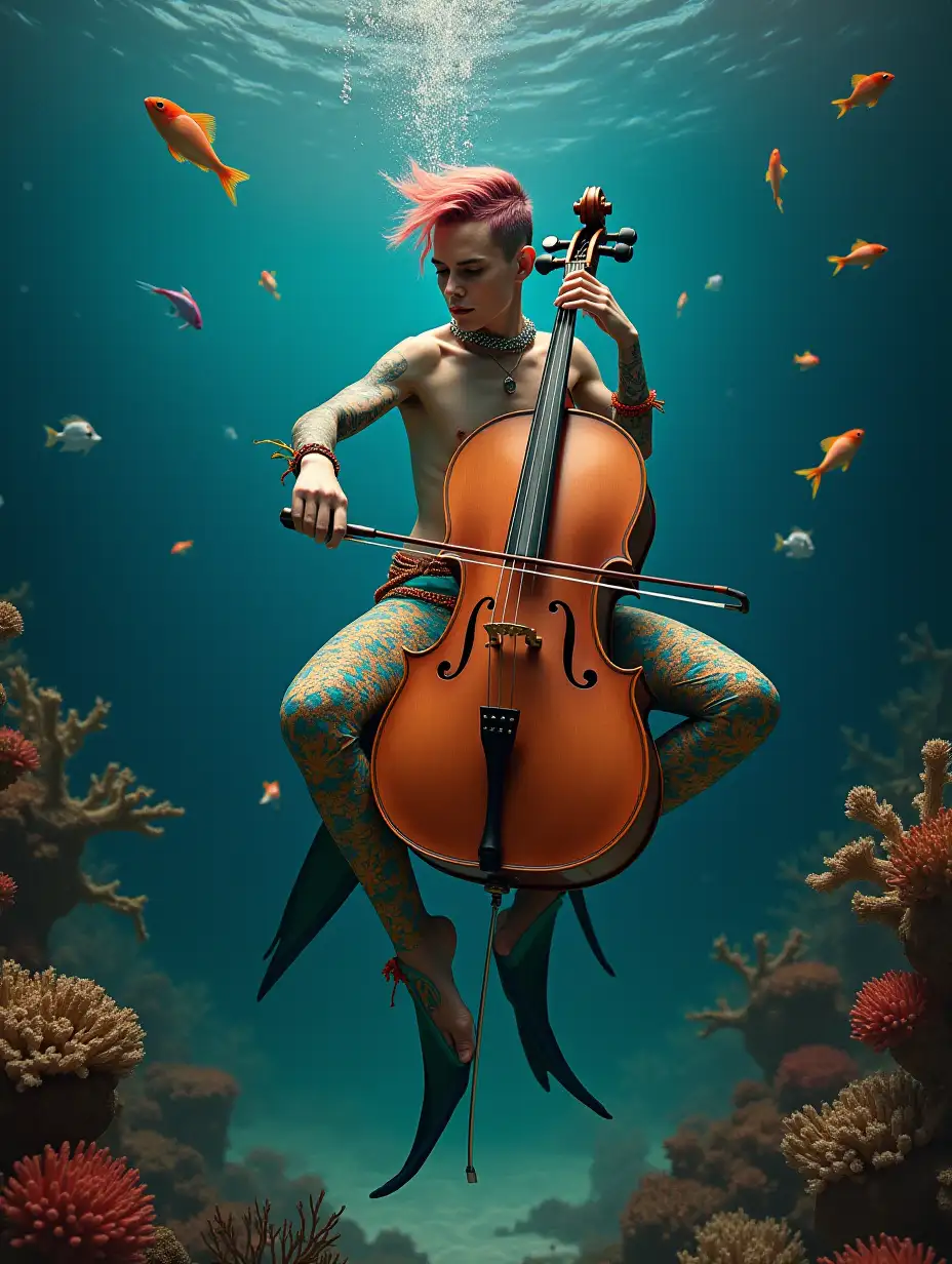 Hyperrealistic Androgynous Model Playing Cello in Coral Reef