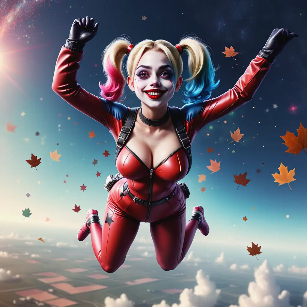 Stylish-Harley-Quinn-Skydiving-Through-a-Magical-Autumn-Sky