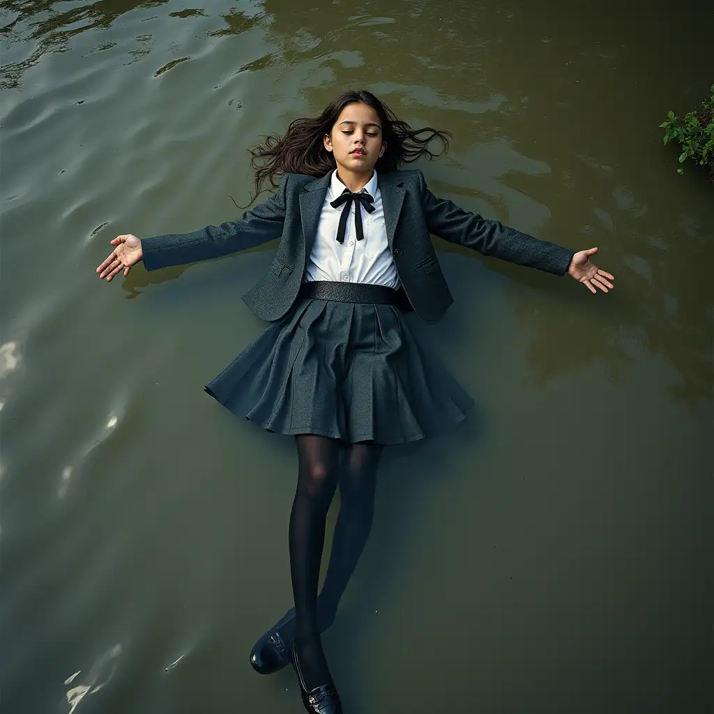 A young schoolgirl in a school uniform, in a skirt, jacket, blouse, dark tights, high-heeled shoes. She is swimming in a dirty pond, lying underwater, all her clothes are completely wet, wet clothes stick to her body, the whole body is underwater, submerged in water, under the surface of the water, below the water's edge.