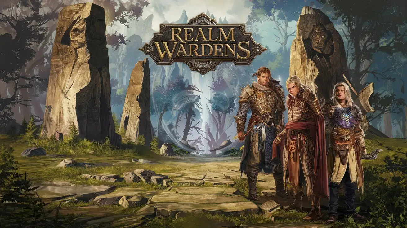 realistic stylized game art, ancient fantasy forest with towering megaliths, ancient woods ruins and portal gate within, shattered earth, medieval adventurer hero's party warrior, hunter, mage, cleric posed in cool armor, rpg game logo 'Realm Wardens'