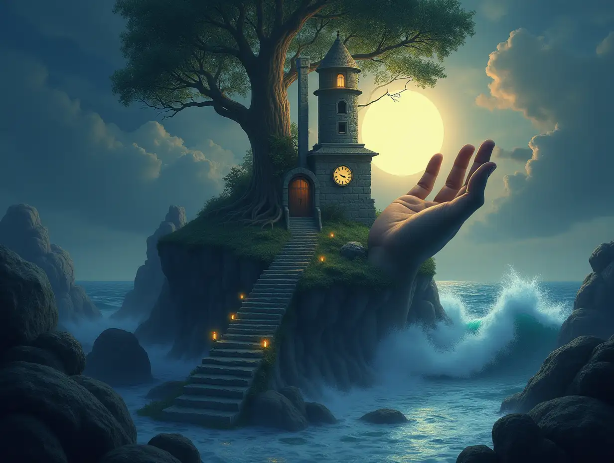 Create a digital painting of a hand with a building made of stones and lighting. Trees with roots and rocks and a lantern far down is the sea, with a large clock. A big tower, sky, lanterns and the sun shines through the clouds, from the sea there is a stairway to heaven Very big waves and lightning