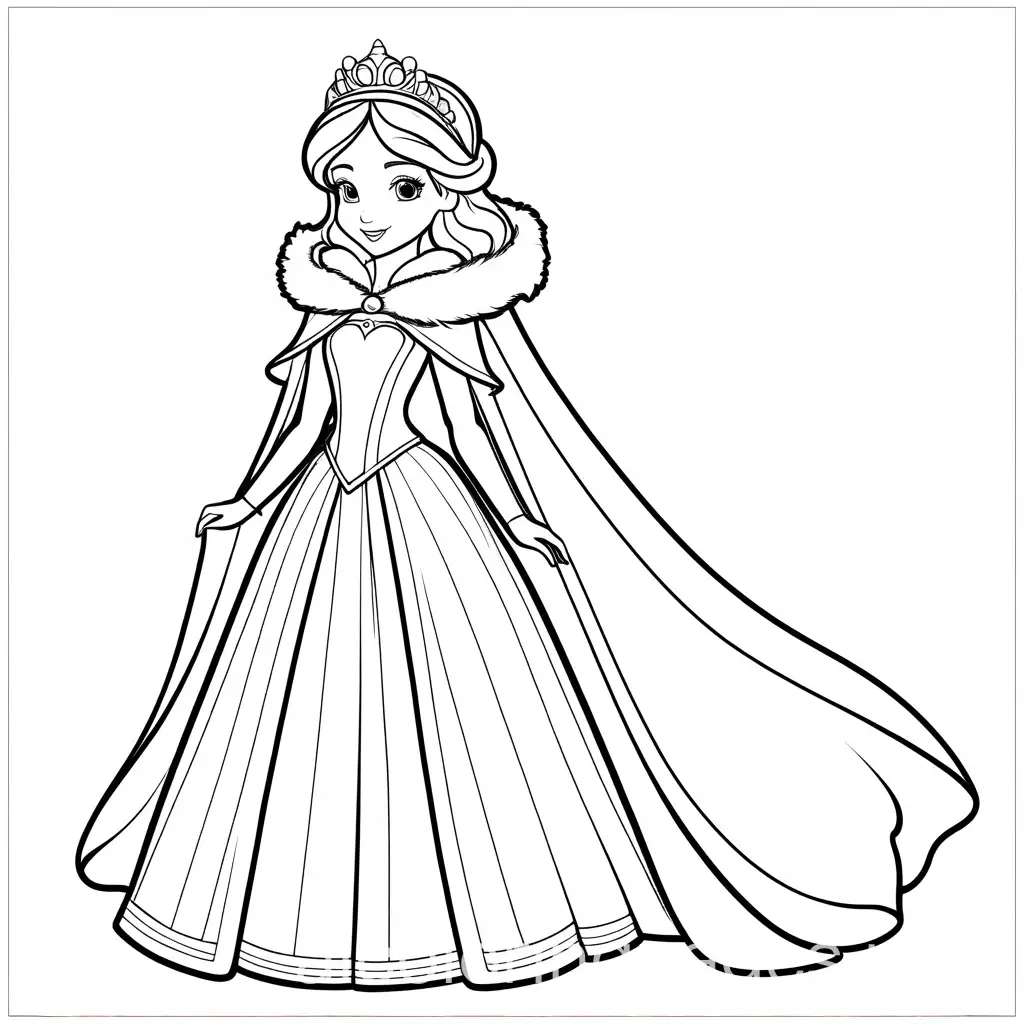 Princess in a winter dress with a fluffy cape., Coloring Page, black and white, line art, white background, Simplicity, Ample White Space. The background of the coloring page is plain white to make it easy for young children to color within the lines. The outlines of all the subjects are easy to distinguish, making it simple for kids to color without too much difficulty
