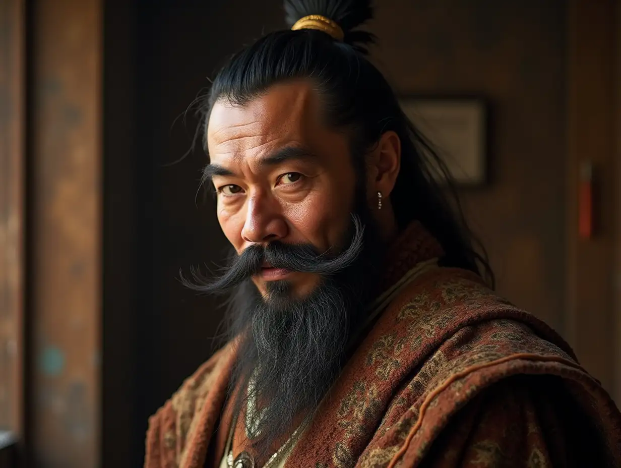 bearded, mustached, with slanting eyes and speaking with Kenghis khan in a pose