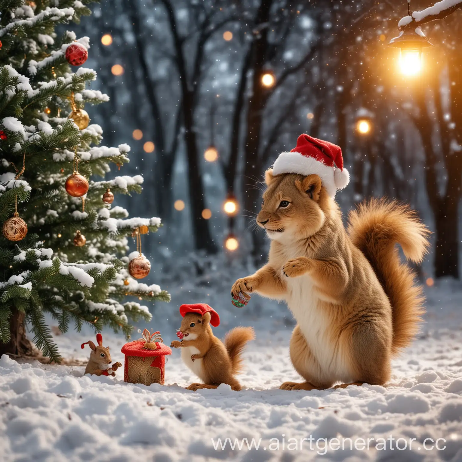 Little-Lion-in-Fairy-Tale-Forest-with-Christmas-Decorations-and-Squirrels