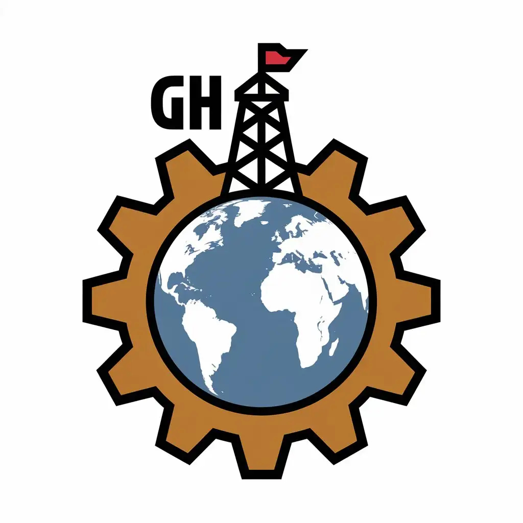 a vector logo design,with the text "GH", main symbol:Design a logo image containing G and H, with G as the earth and the earth surrounded by gears, and H as a derrick, in a simple comic style.,Moderate,be used in oil drilling industry,clear background