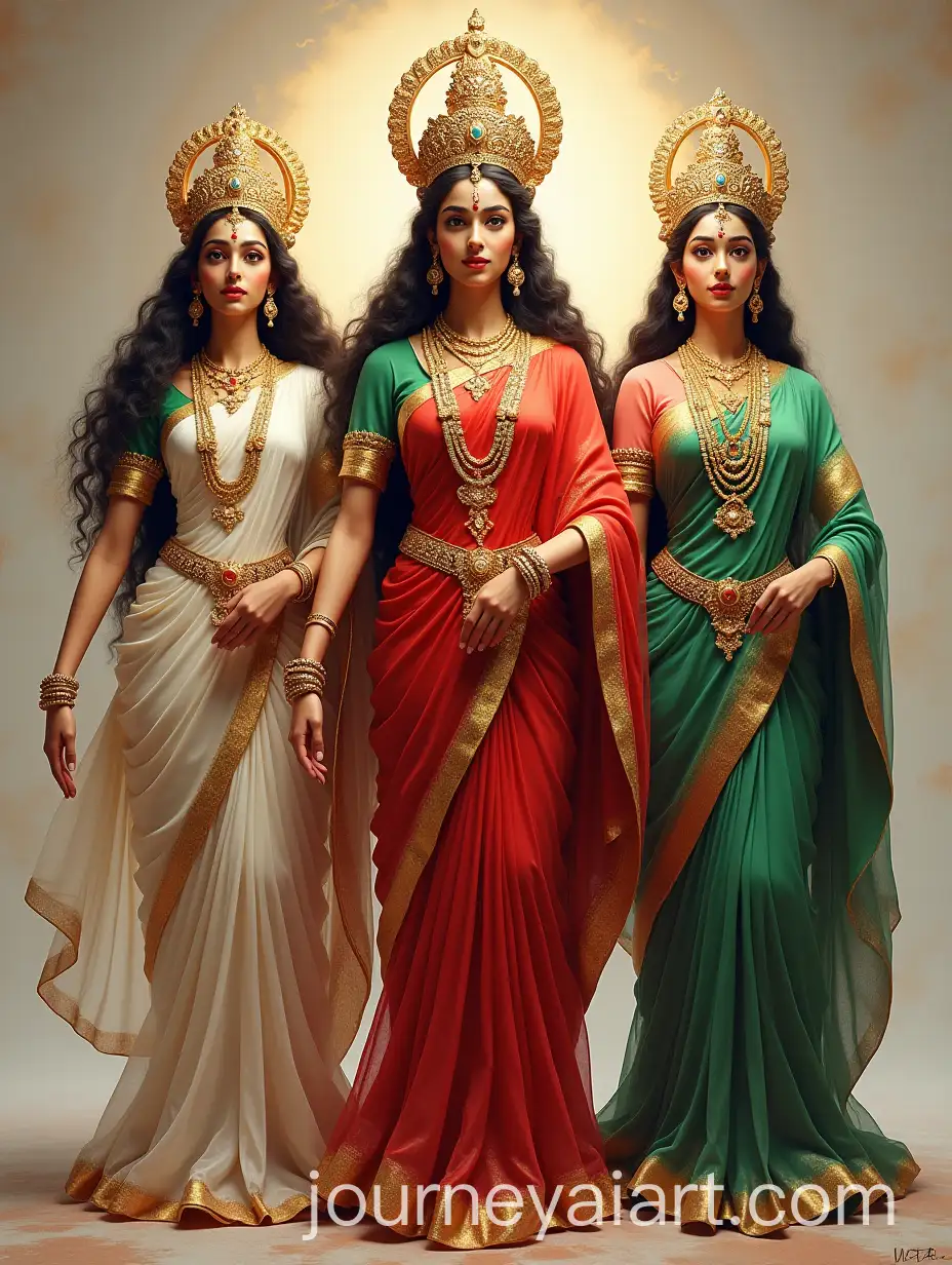 Hindu-Goddesses-Saraswati-Lakshmi-and-Parvati-in-Colorful-Sarees-with-Four-Arms