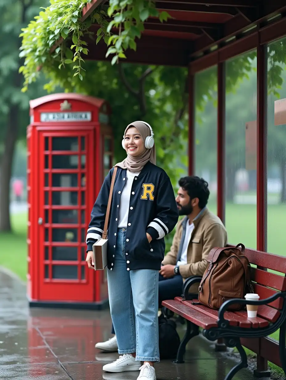 Korean-Woman-in-Trendy-Outfit-at-Bus-Stop-with-Rain-and-Reflections