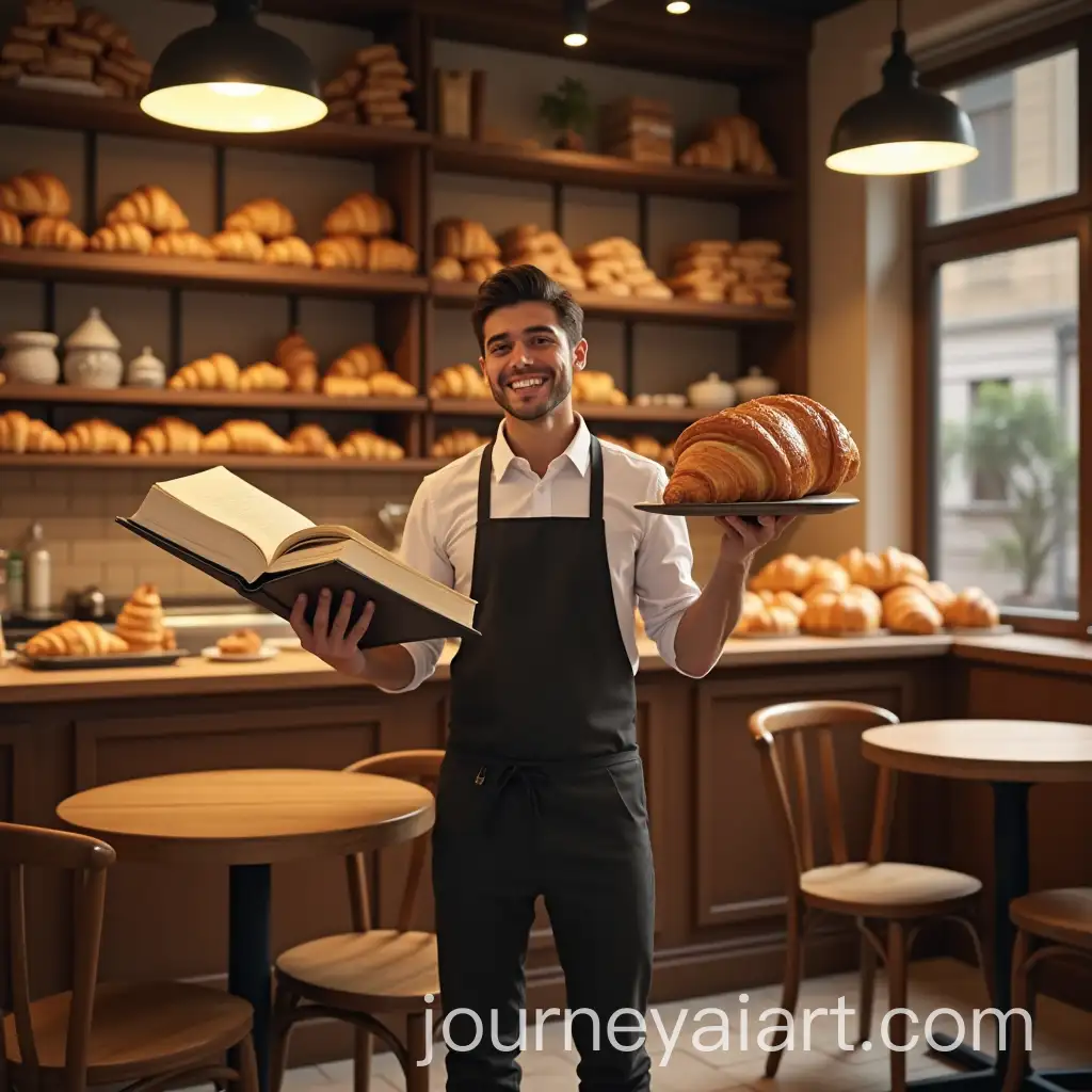 Cozy-Bakery-with-Croissants-and-a-Waiter-Holding-a-Book-and-Croissant