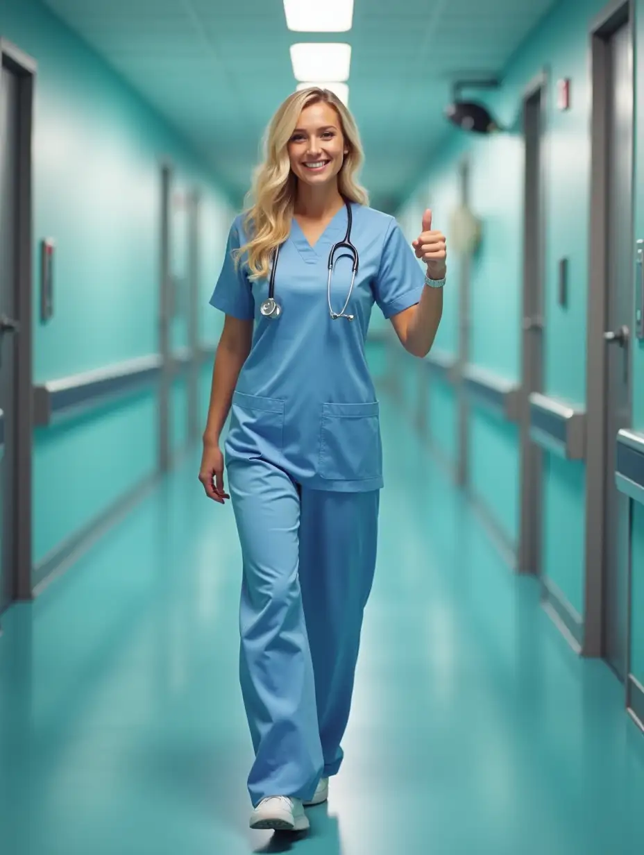 create an image shows a blonde young beautiful nurse with a sexy nursing dress is walking toward ICU while she is smiling and pointing her finger means come to me. must show the hospital enviroment