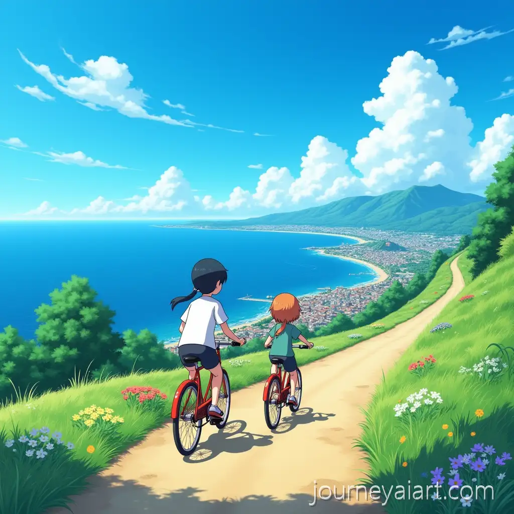 Anime-Characters-Cycling-Down-aAnime-Characters-Riding-Bicycles-Hill-with-Coastal-Town-View