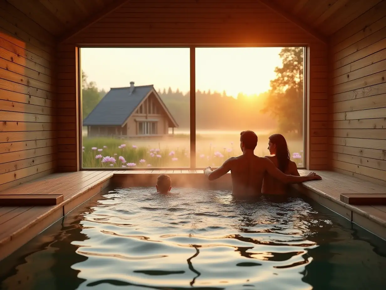 a cheerful family of a man and a woman and their little child inside a Russian wooden bathhouse with brooms for a steam room, and they steam on wooden sun beds inside the bathhouse, it's dry and steaming around, and one of the walls of the bathhouse has a large single panoramic window, and outside the window there is a huge eco-pond with lots of pink lily pads and the pond has natural gently sloping grassy banks, similar to wild ponds, on the other shore there are only 3 small one-story chalet houses located away from the pond shore., these houses have the appearance of a single-storey chalet with a gable tiled roof, each roof slope is smooth without bending, these chalet houses are built from a system of wooden beams consisting only of vertical wooden beams, and only in the half-timbered style and between the glass beams the glass walls are panoramic windows in all walls from floor to roof, that is, each wall It is a panoramic window, at sunset and in the reflections of sunset light, the foreground view is in focus, and the background is blurred, realistic