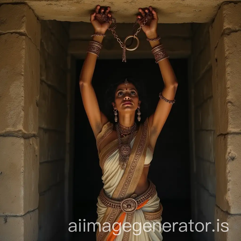 Ancient-Telugu-Woman-in-Stone-Prison-with-Arms-Raised-and-Cuffed