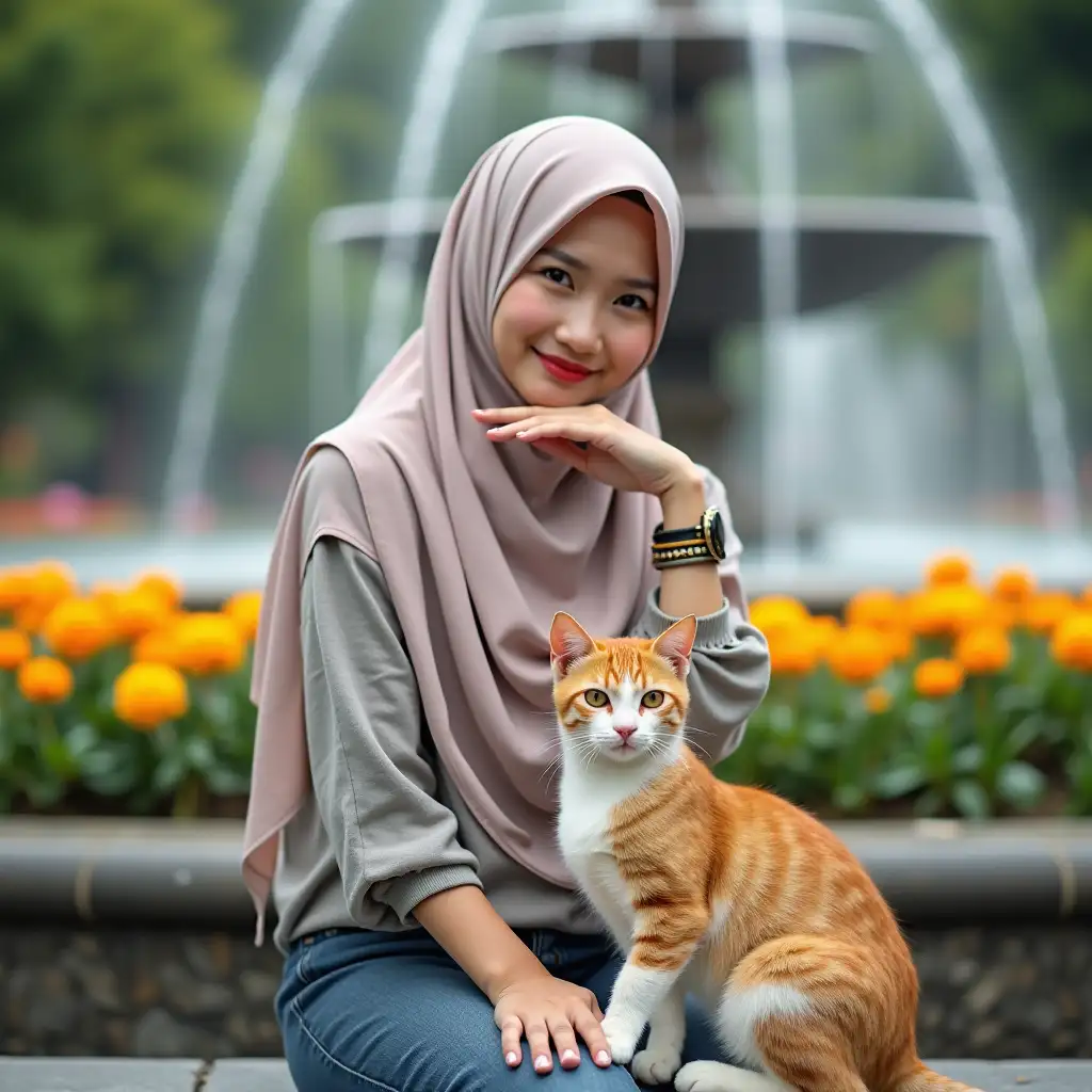 A beautiful Indonesian woman wearing a hijab sitting on a park bench smiling thinly facing the camera, with her pet cat. Background: fountain and colorful flowers