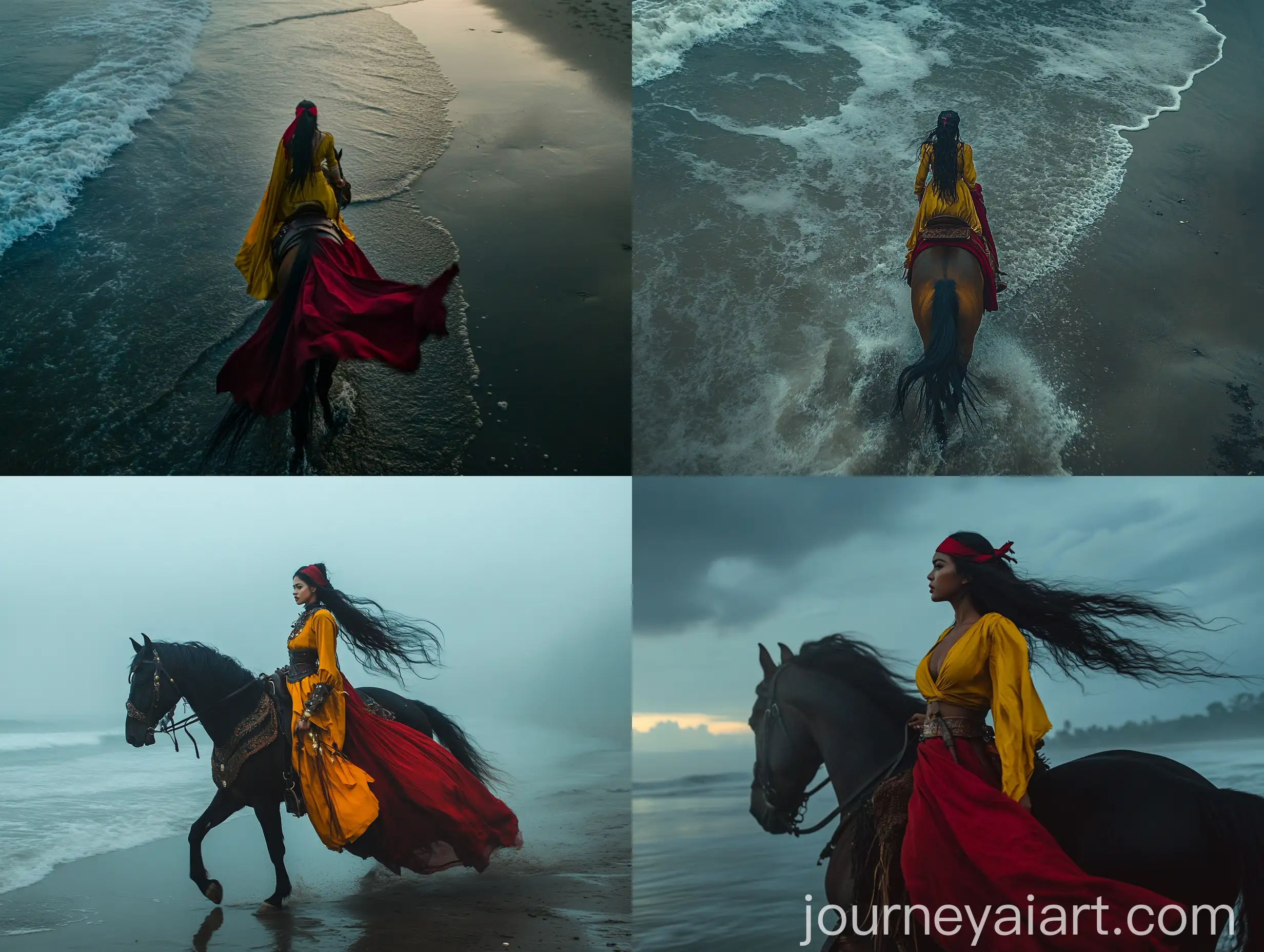 Drone-View-of-Indonesian-Female-Warrior-Riding-Horse-on-Beach-at-Twilight