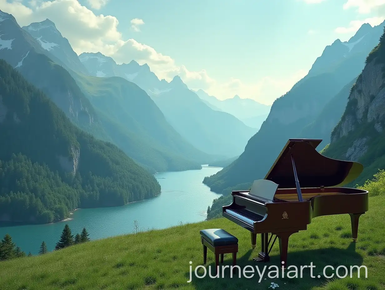 Mountain-Landscape-with-River-and-Grand-Piano-on-Green-Terrain