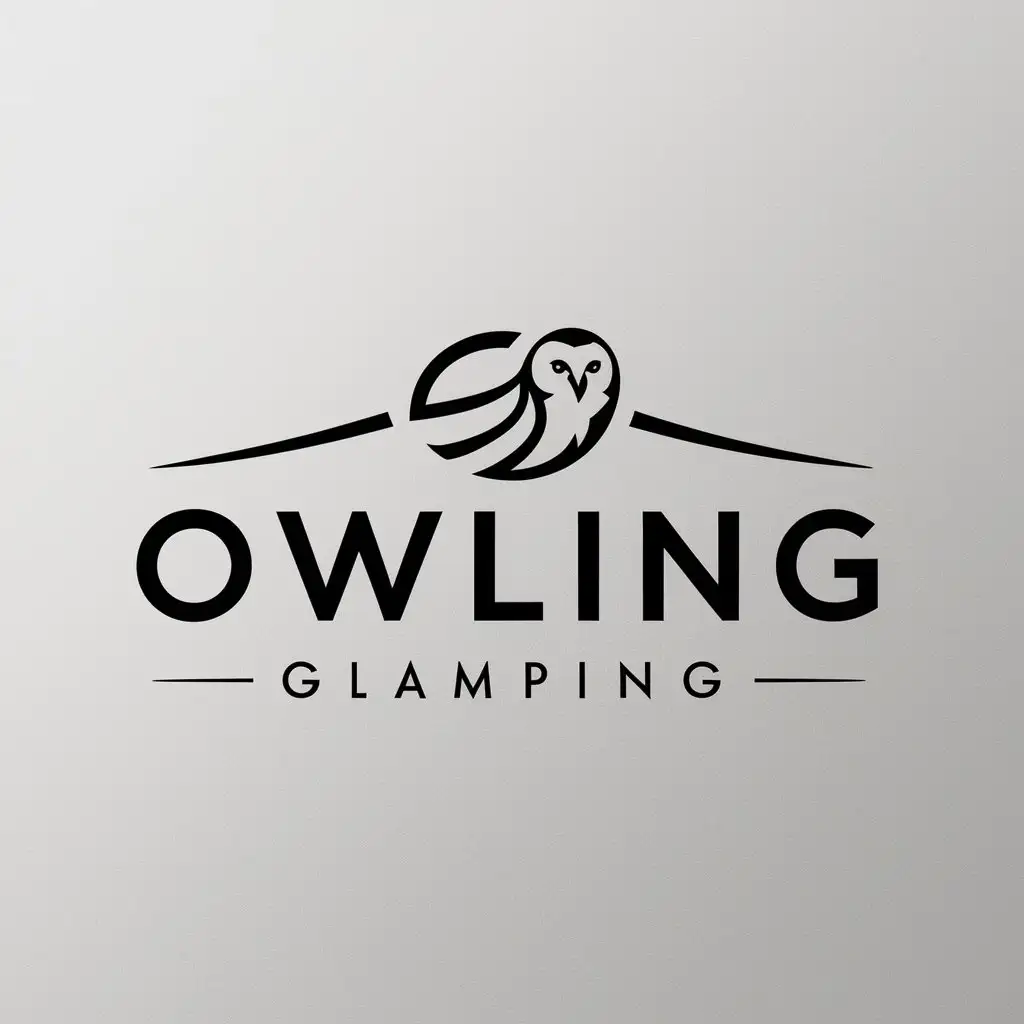 a logo design,with the text "Owling glamping", main symbol:Eagle owl,Minimalistic,be used in Travel industry,clear background