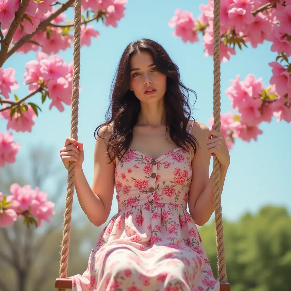 Young-Woman-in-Floral-Dress-Swinging-Under-Blossoming-Azalea-Tree-on-a-Sunny-Day