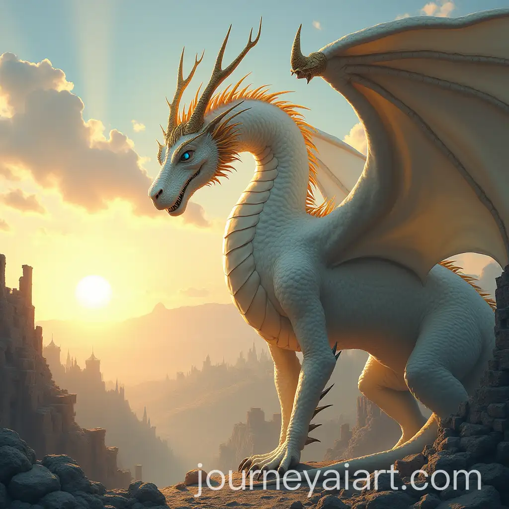 Majestic-White-and-Golden-Scaled-Dragon-Overlooking-Destroyed-City-at-Sunset