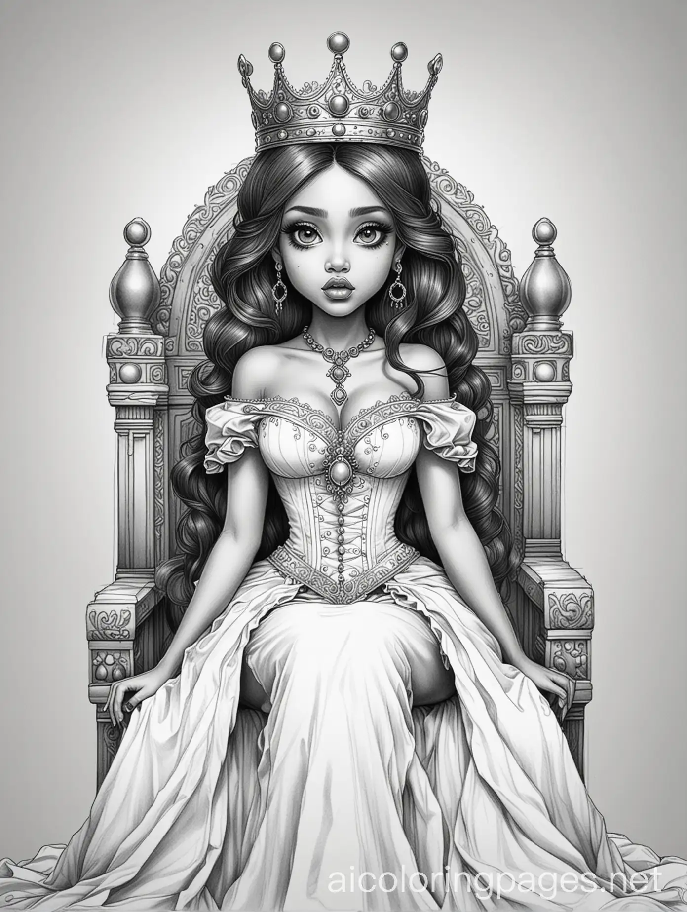 gothic queen, big eyes and big lips, extavagant crown, sexy low cut dress with high slit, african american, full body sitting on throne, Coloring Page, black and white, line art, white background, Simplicity, Ample White Space. The background of the coloring page is plain white to make it easy for young children to color within the lines. The outlines of all the subjects are easy to distinguish, making it simple for kids to color without too much difficulty