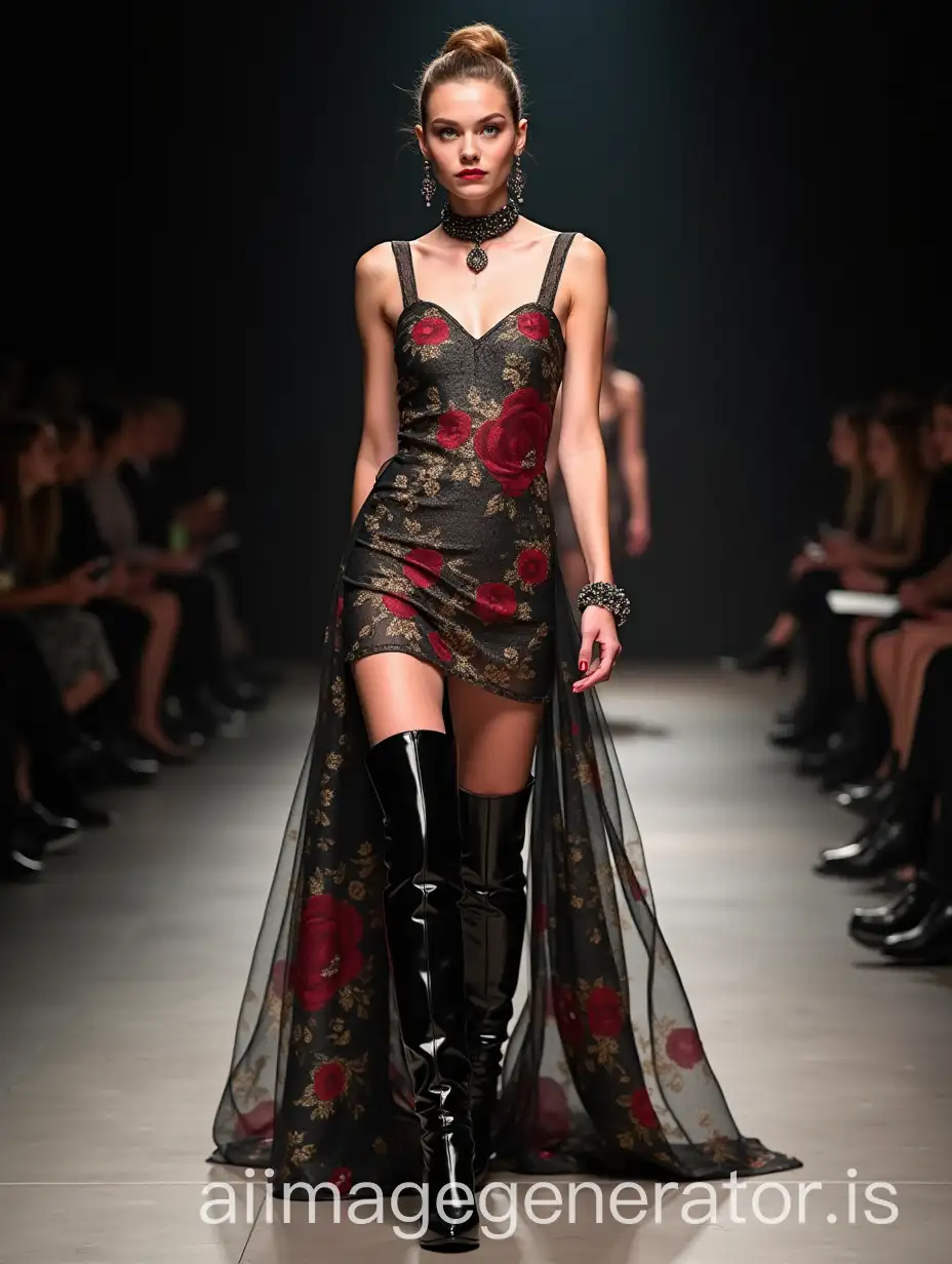 Russian-Model-on-Catwalk-in-High-Blackcurrant-ThighHigh-Boots-and-Floral-Bodice-Skirt-Set