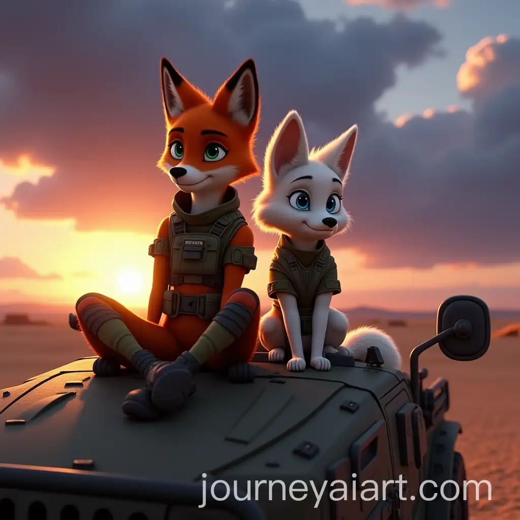 Fox-and-Vixen-in-Tactical-Gear-on-Military-Vehicle-at-Dusk-in-Desert