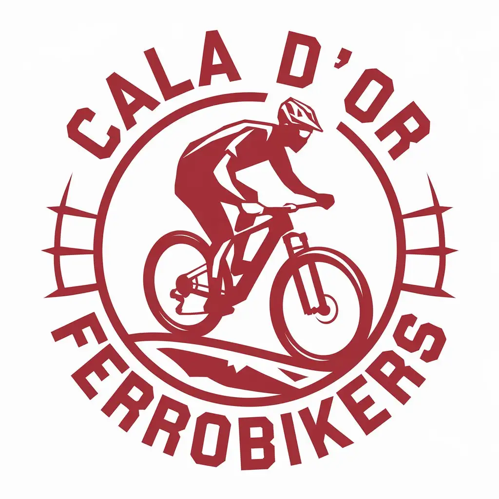 a vector logo design,with the text "CALA D'OR FERROBIKERS", main symbol:mountain bike cyclist, red color,Moderate,clear background