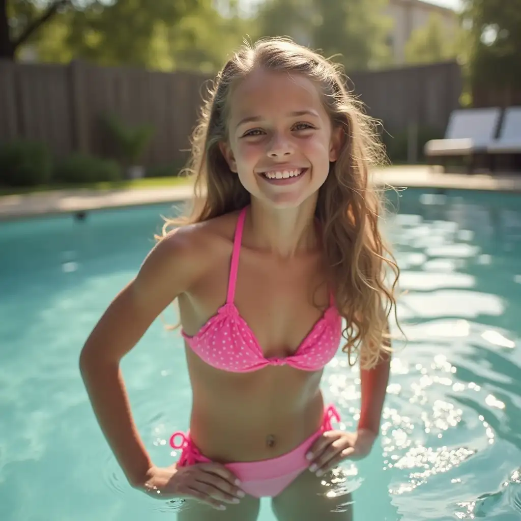 Smiling-School-Girl-in-Pink-Bikini-by-the-Poolside-Tub