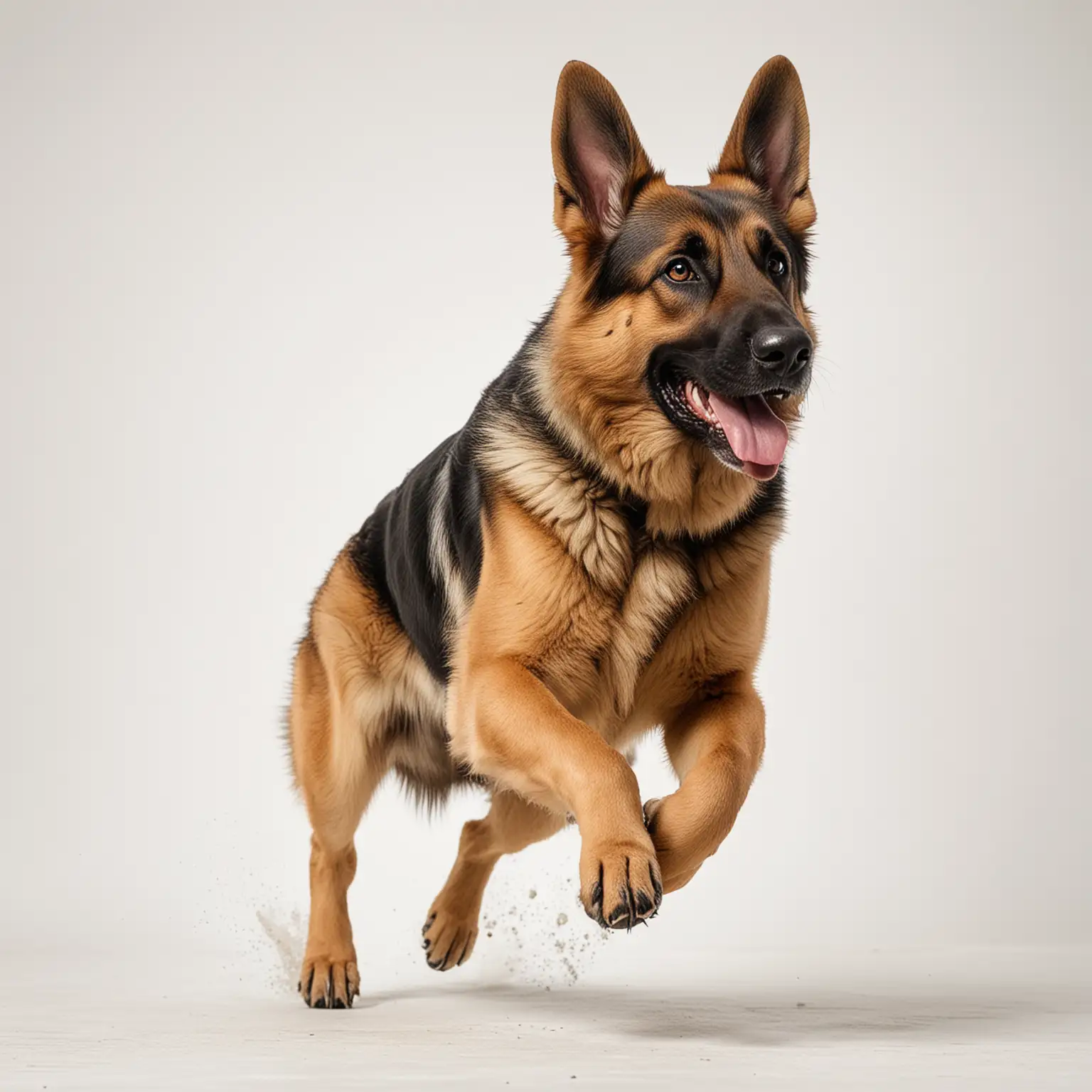 Energetic German Shepherd Running Against White Background