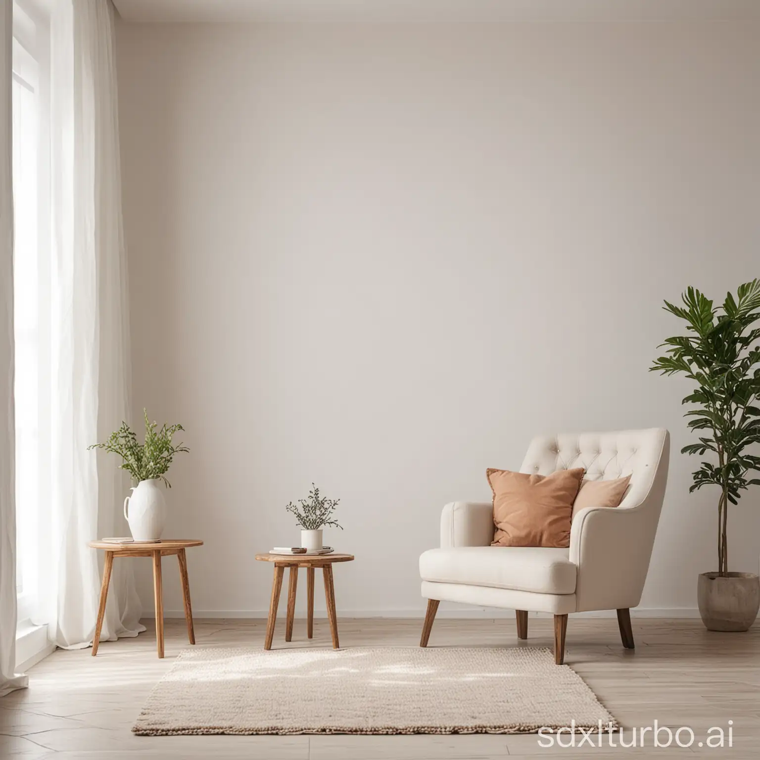 Interior of a bright cozy living room with armchair and one small table on empty white wall background