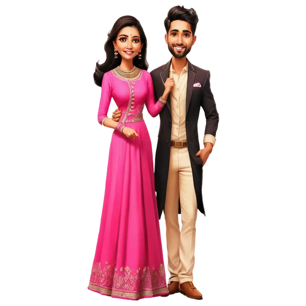 Create-a-Vibrant-PNG-Caricature-of-a-Couple-in-Pink-IndoWestern-Dresses