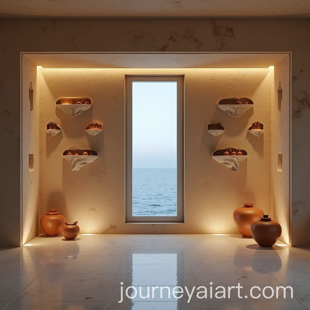 Elegant-MuseumStyle-Wall-with-Pottery-Display-and-Sea-View