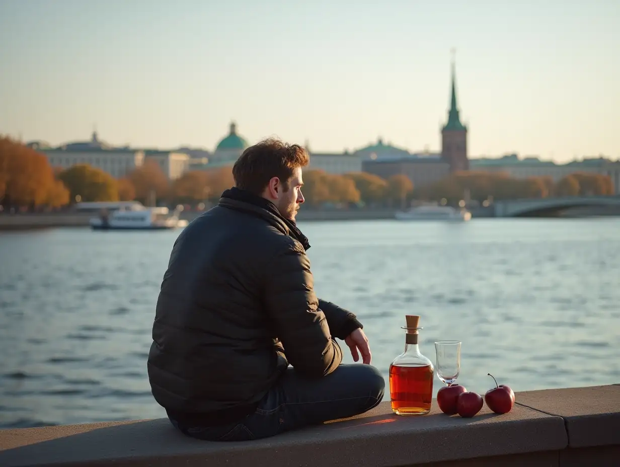 On a clear autumn day, a young man sits on the embankment of the Neva River, looking at Saint Petersburg and quietly sighing as summer departs ... Next to him on the parapet stands a bottle of cognac, a glass, and several apples