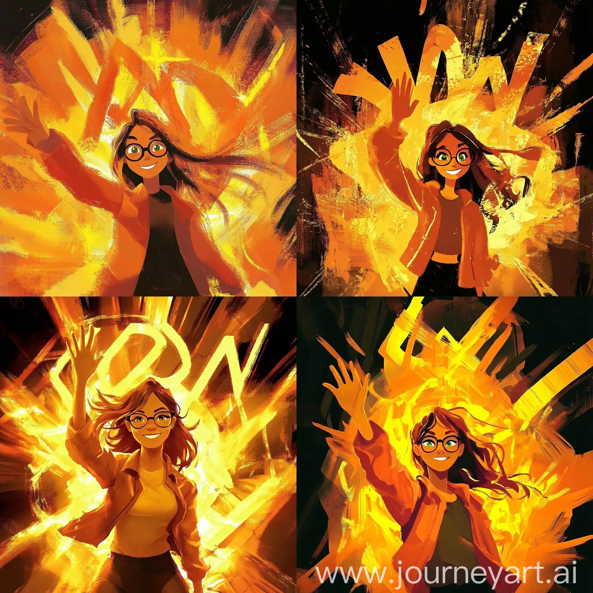 Cheerful-Animated-Figure-Waving-in-Fiery-Abstract-Background