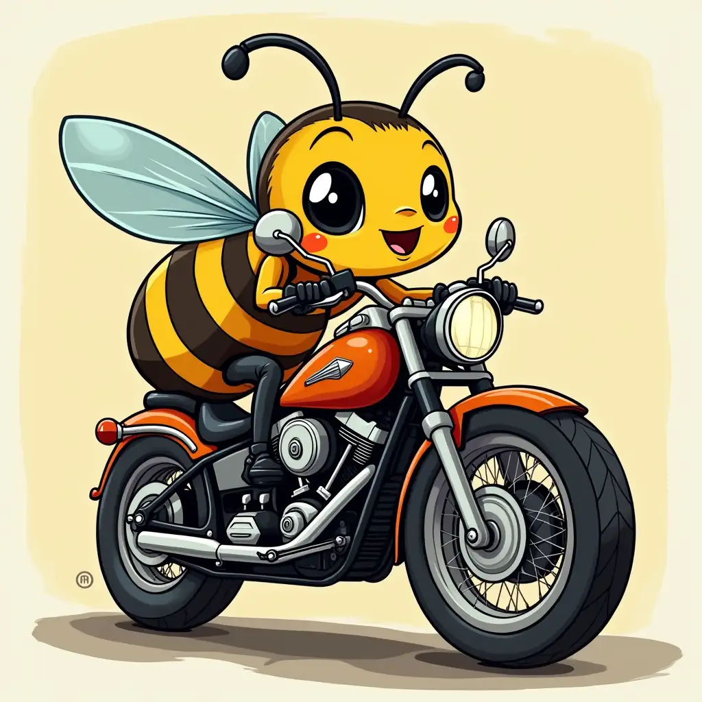 A Bee riding a harley davidson, cute cartoon style