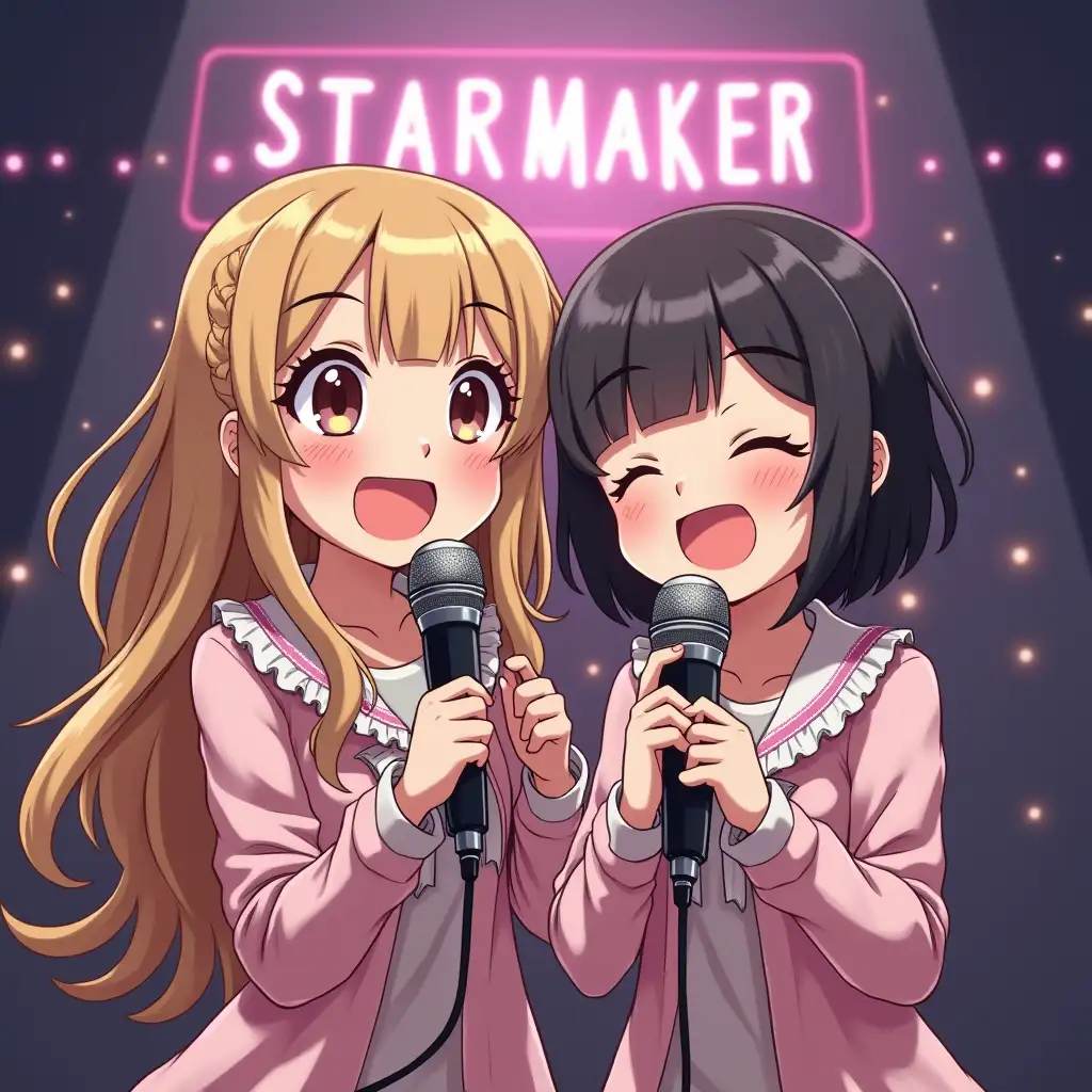 Two cute girls, one girl long hair and another one short hair. They meet each other at StarMaker singing application. They sing together with happy face all the time, and now they become very good friends. Both girls hold microphones singing together. Backstage is StarMaker sign