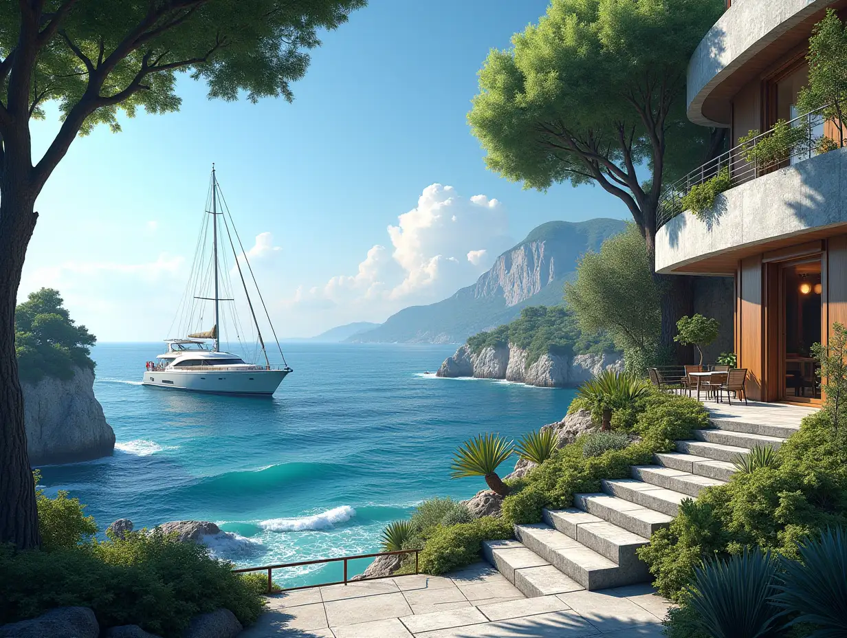 Create a high-resolution, realistic panorama image of a terrace building with steps to the sea, snail house windows with many plants and gray and brown facades, a yacht on the sea with waves, large trees, blue sky