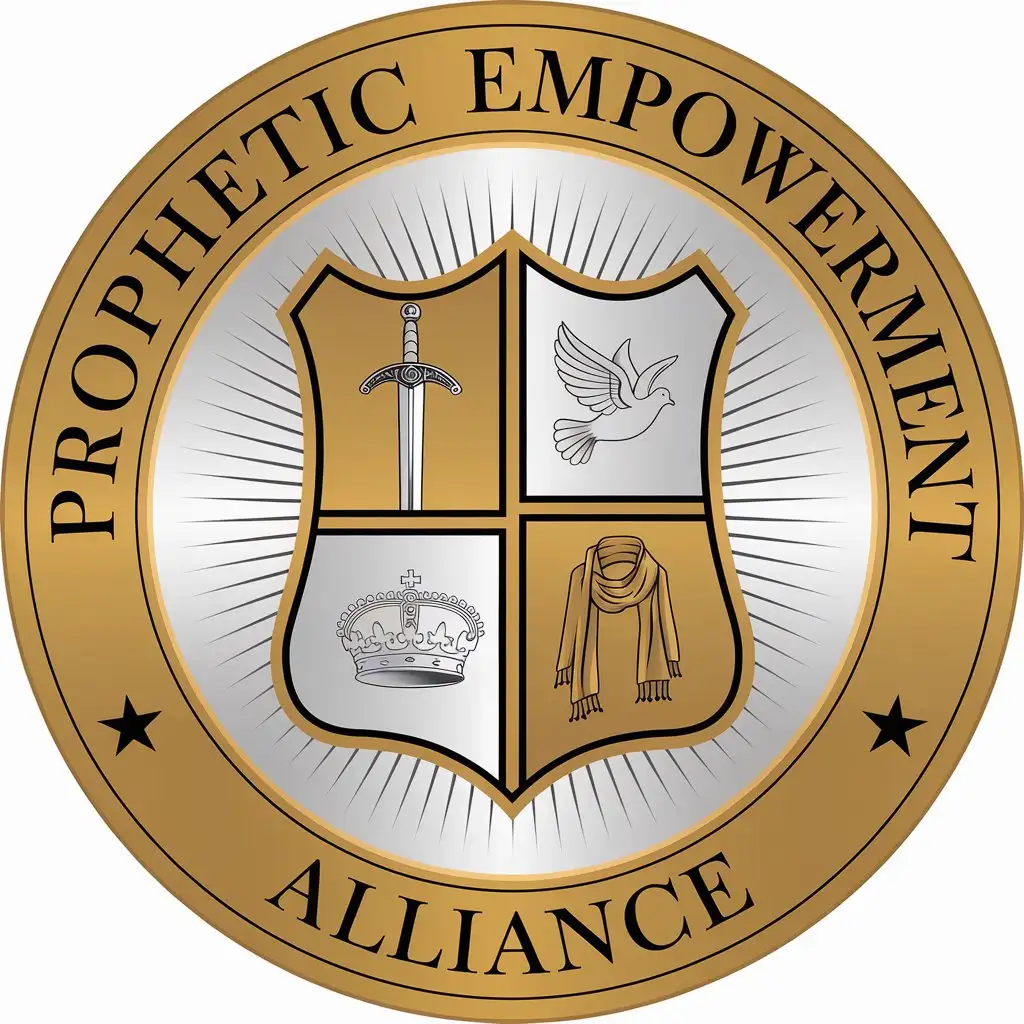 Prophetic Empowerment Alliance Emblem Metallic Gold Silver and Olive Green Shield Design