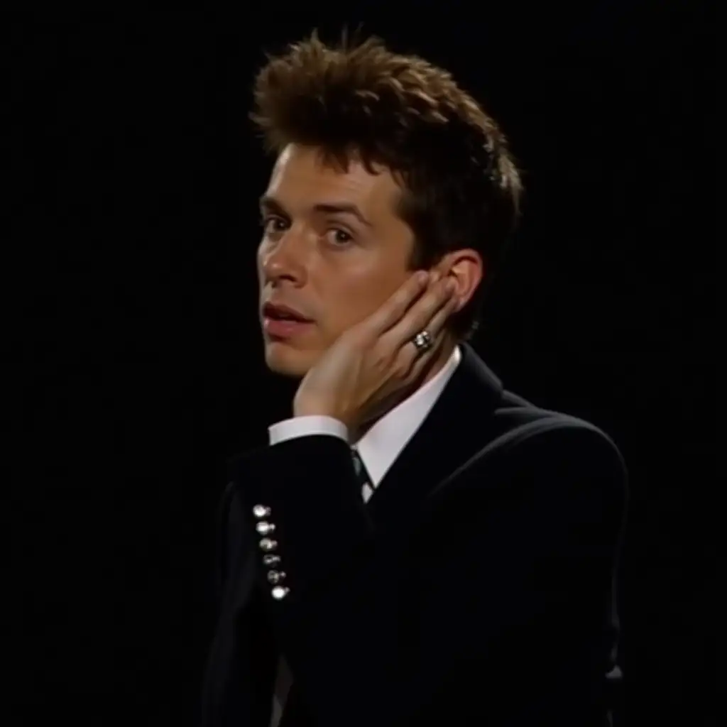 Young 80's Rick Astley in black suit and tie, profile picture, black studio backdrop, Rick Astley putting his hand beside his ear, zoomed into the upper half of his shoulders, portrait lighting